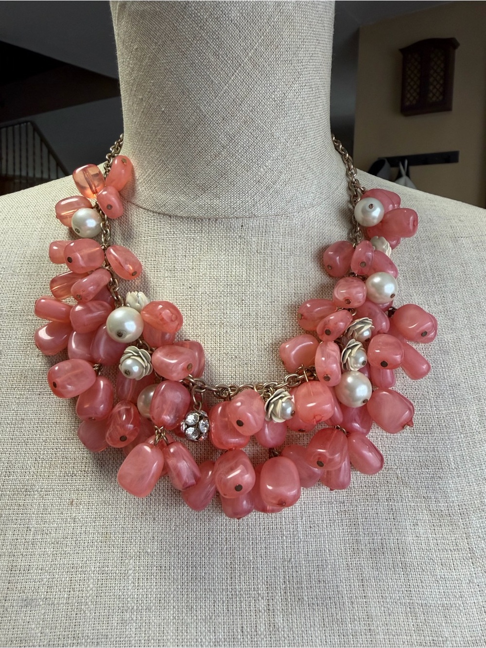 Vintage Style Pink Cluster Statement Necklace | Chunky Faux Pearl Floral Choker